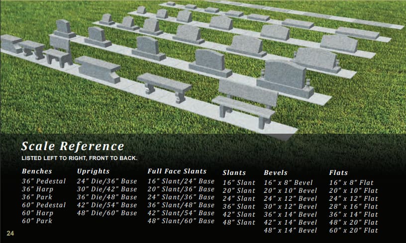 The standard headstone styles shown side by side, from flush flat markers to upright monuments